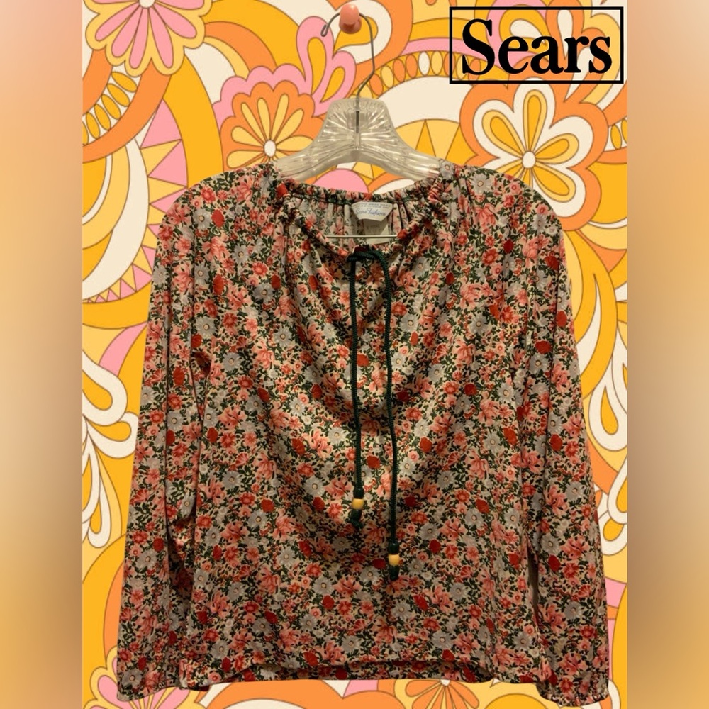 VTG SEARS Late 60s-70s Multicolor Floral Blouse w/Beaded Neckline Tie Size 12